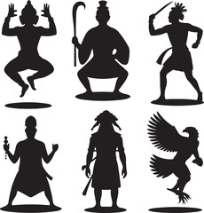 Silhouette of people and bird in various poses and actions on white