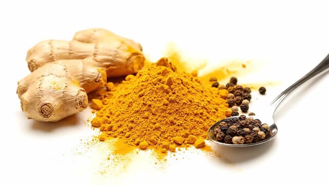 Close-up of turmeric powder, fresh ginger roots and black peppercorns on white background, extra powder falling on top, vibrant colors of organic spices. Concept of healthy food and traditional