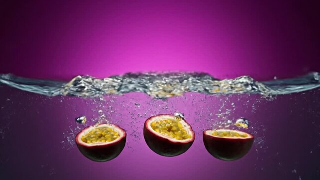 Dynamic studio shot capturing vibrant, exotic passion fruit halves plunging into crystal clear water, creating an energetic splash and refreshing bubbles against a vivid magenta backdrop