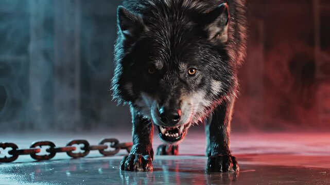 Angry wolf growls in chains, showing its danger. This wild animal is full of rage. This angry wolf is a powerful beast. The dangerous wolf prepares to attack. This animal is a symbol of wild danger.