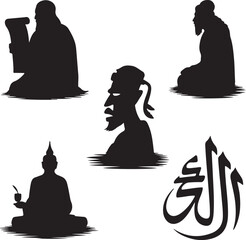 Silhouette of people sitting in various poses with Arabic calligraphy