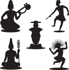 Silhouette of various Indian classical dance and music characters on white background