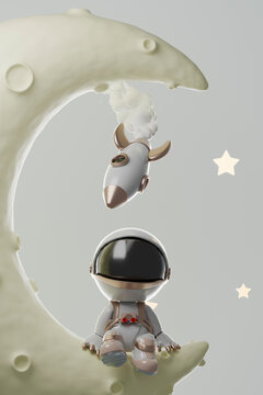 3d cartoon astronaut sitting on moon with rocket and stars in space