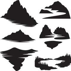 silhouette of various mountain ranges with water reflections