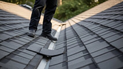 Person standing on a roof with grey shingles