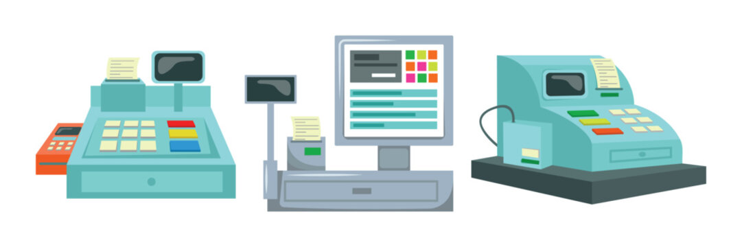 et of colorful cash registers in cartoon style. Vector illustration of pay for products in cash and by card on white background.