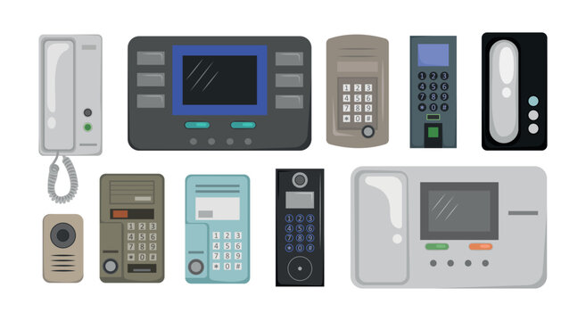 Set of colorful intercoms in cartoon style. Vector illustration of communication devices for opening doors on white background.
