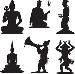 Silhouette of various religious and cultural figures in different poses