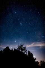 Milky Way stars with countryside tree and landscape silhouettes.