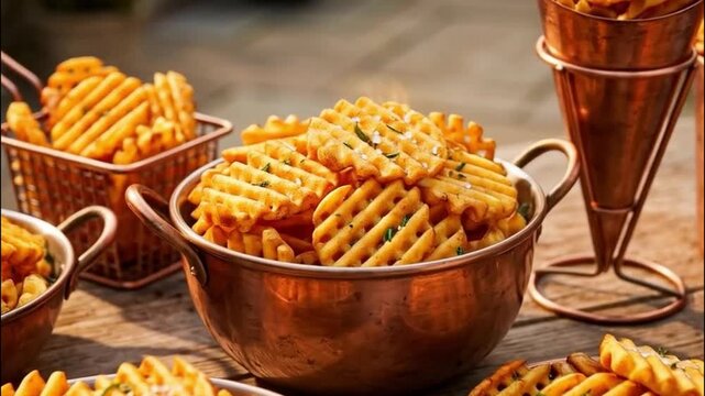Gourmet Waffle Fries Seasoned with Herbs Served in Copper Bowls and Wire Baskets on a Rustic Outdoor Table