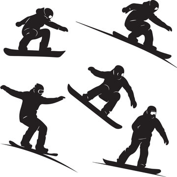 Silhouette of snowboarder in various poses against white background silhouette