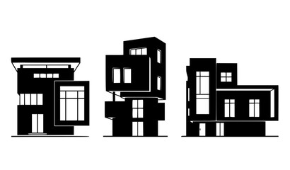 Contemporary flat roof house silhouettes vector set with large windows isolated on white