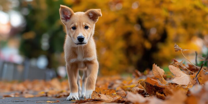 Puppy walking on fallen leaves in autumn park  