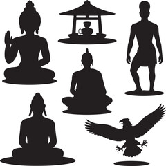 Silhouettes of buddha figures and an eagle on white background