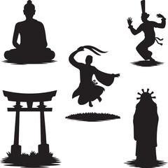 silhouettes of buddha statue and people performing dance isolated on white background