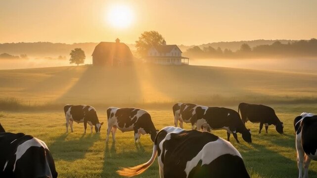 Ganado lechero pastando en una pradera neblinosa frente a una granja tradicional durante un amanecer dorado