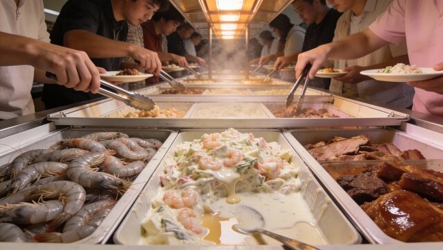 Seafood buffet line in busy restaurant, shrimp trays and creamy salad under warm lights, hands serving with tongs for family dining and celebration
