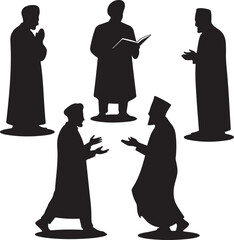 Silhouettes of men in traditional robes and turbans in various poses