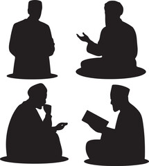 Silhouettes of men in various sitting positions and activities on transparent background