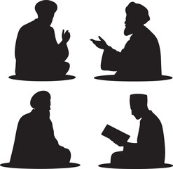 silhouettes of men sitting on floor in various positions talking reading