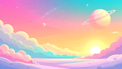 Magical Pastel Cosmic Landscape with Rings Planet, Sunrise, and Soft Clouds - Dreamy Sci-Fi Background