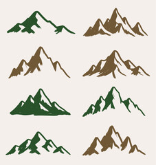 Fototapeta premium A collection of stylized mountain vector illustrations in a hand-drawn brushstroke style, featuring natural green and brown earthy tones