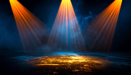 Three Dramatic Spotlights Illuminating Smoky Stage Floor - Energetic Performance Lighting Setup