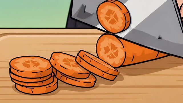 Hand slicing a carrot with a knife on a wooden cutting board