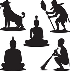 Silhouettes of people and a dog in various poses and activities