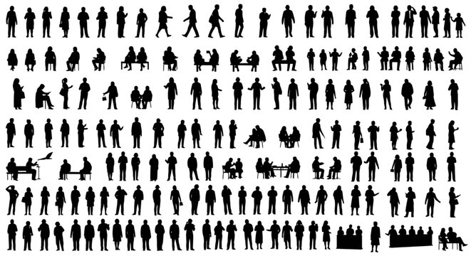 A large collection of diverse black and white silhouette figures of people in various poses and activities, presented in a grid format.