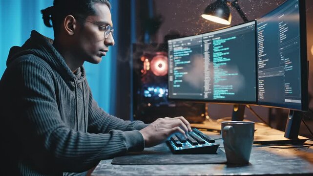 Programmer writes code on computer at night. Developer types on keyboard while coding software. Man programmer working with code on screen. Developer writes software at dark home office workspace.