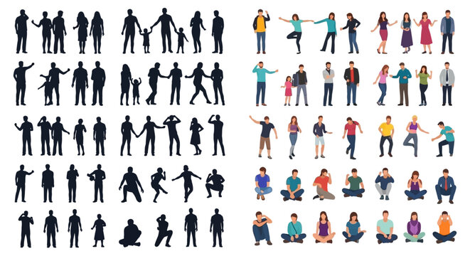 Collection of diverse human silhouettes and full-color figures in various poses and activities.