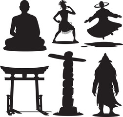 silhouettes of people and structures from different cultures around world