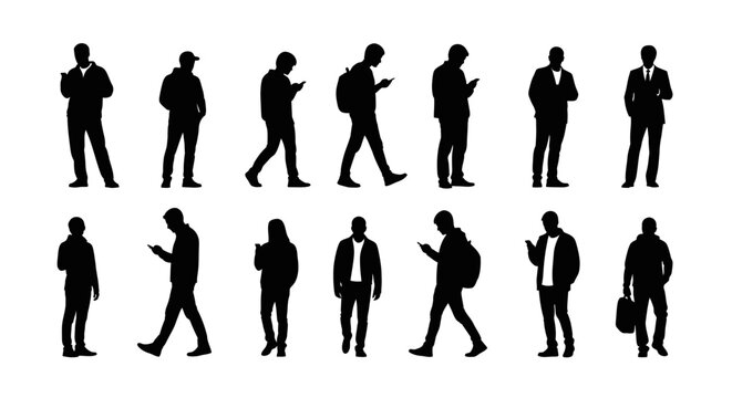 Collection of diverse silhouettes of people engaged with their mobile phones, some walking, others standing, with varied postures and accessories like backpacks and briefcases.