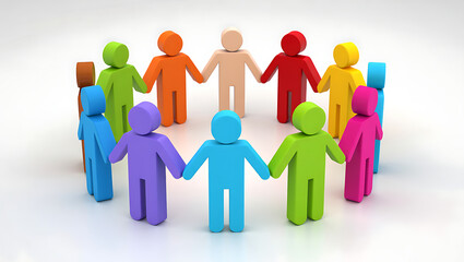 Colorful 3D figures stand in a circle holding hands together in a sign of unity and teamwork.