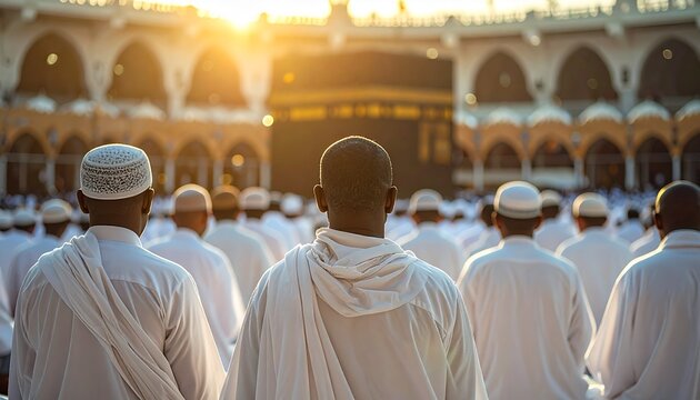 Group of devoted pilgrims engaging in spiritual worship and reflection in front of the holy Kaaba in Mecca Ramadan during pilgrimage