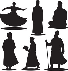 Silhouettes of people in various poses and activities  monks and dervishes