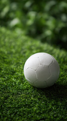 Fototapeta premium Vertical shot showing white soccer ball lying on green artificial turf field with blurred garden foliage background conveying calm and peaceful mood before match