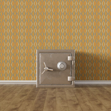 Metal safe against patterned wallpaper on wooden floor indoors