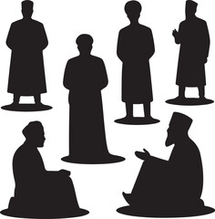 Silhouettes of people in various poses and attire standing and sitting