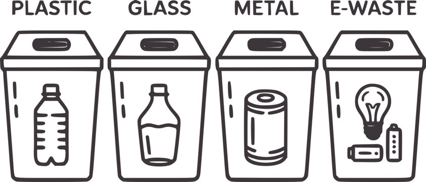 Four labeled recycling bins for plastic glass metal and e waste in monochrome line