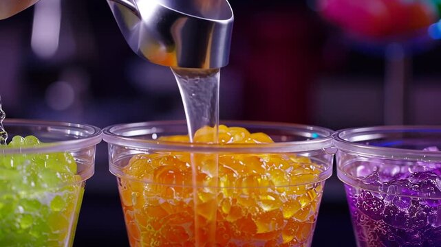 Preparing colorful boba tea with gelatinous balls in cups