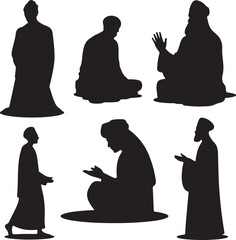silhouettes of people in various prayer positions on white background