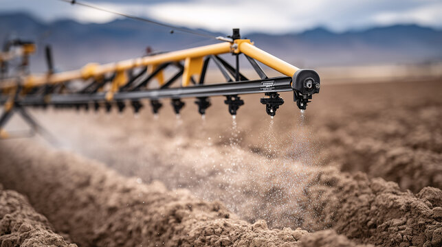 Self propelled sprayer with wide boom treats a field against a sunset sky. Image highlights long reach equipment and evening atmosphere of field operations.
