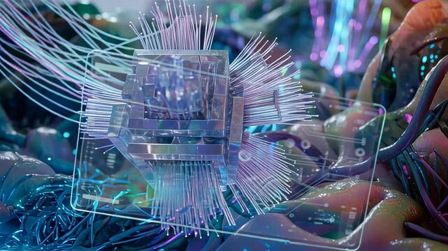 Futuristic crystalline data core processes complex information through glowing fiber optic connections