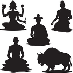 Silhouettes of people meditating and a bison on white
