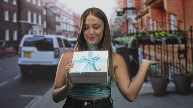 Young woman holding gift box with blue ribbon, palm up presenting gesture on street; surprise celebration playful.