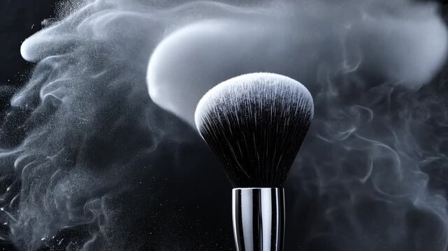 Makeup brush releasing powder against black background, studio shot, close-up view