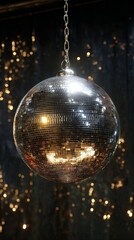 Sparkling disco ball hanging in dark room with golden lights