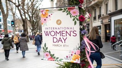 Creative banner for International Women's Day displayed in the street, celebrating March 8th